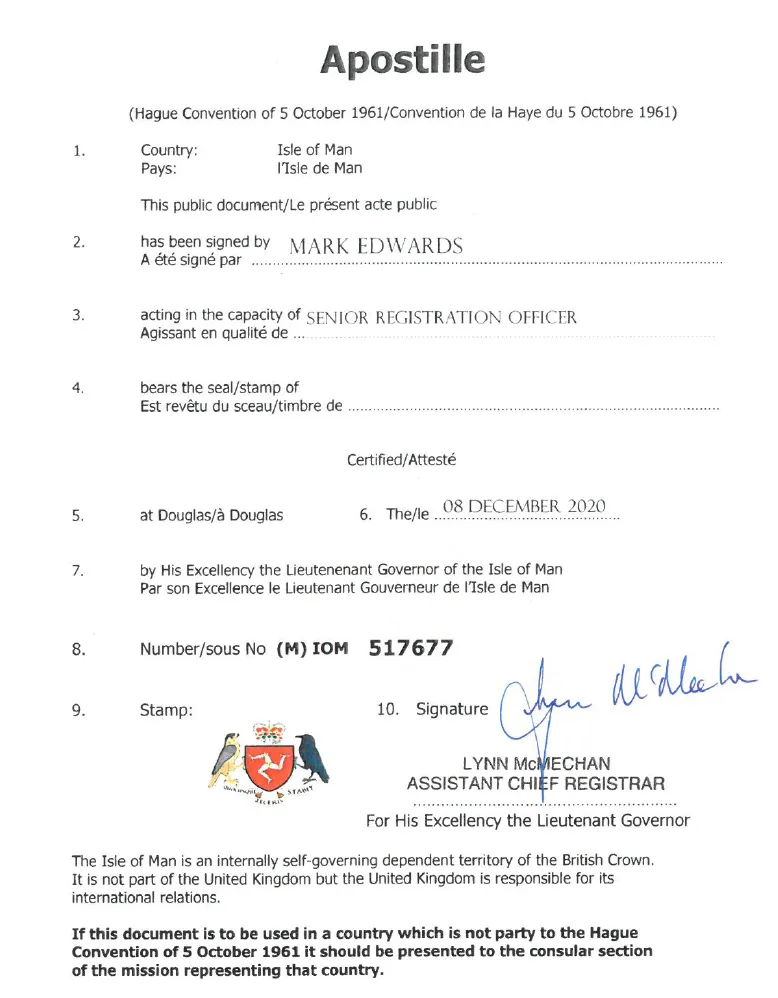 Apostille from the Isle of Man Апостиль на Острове Мэн