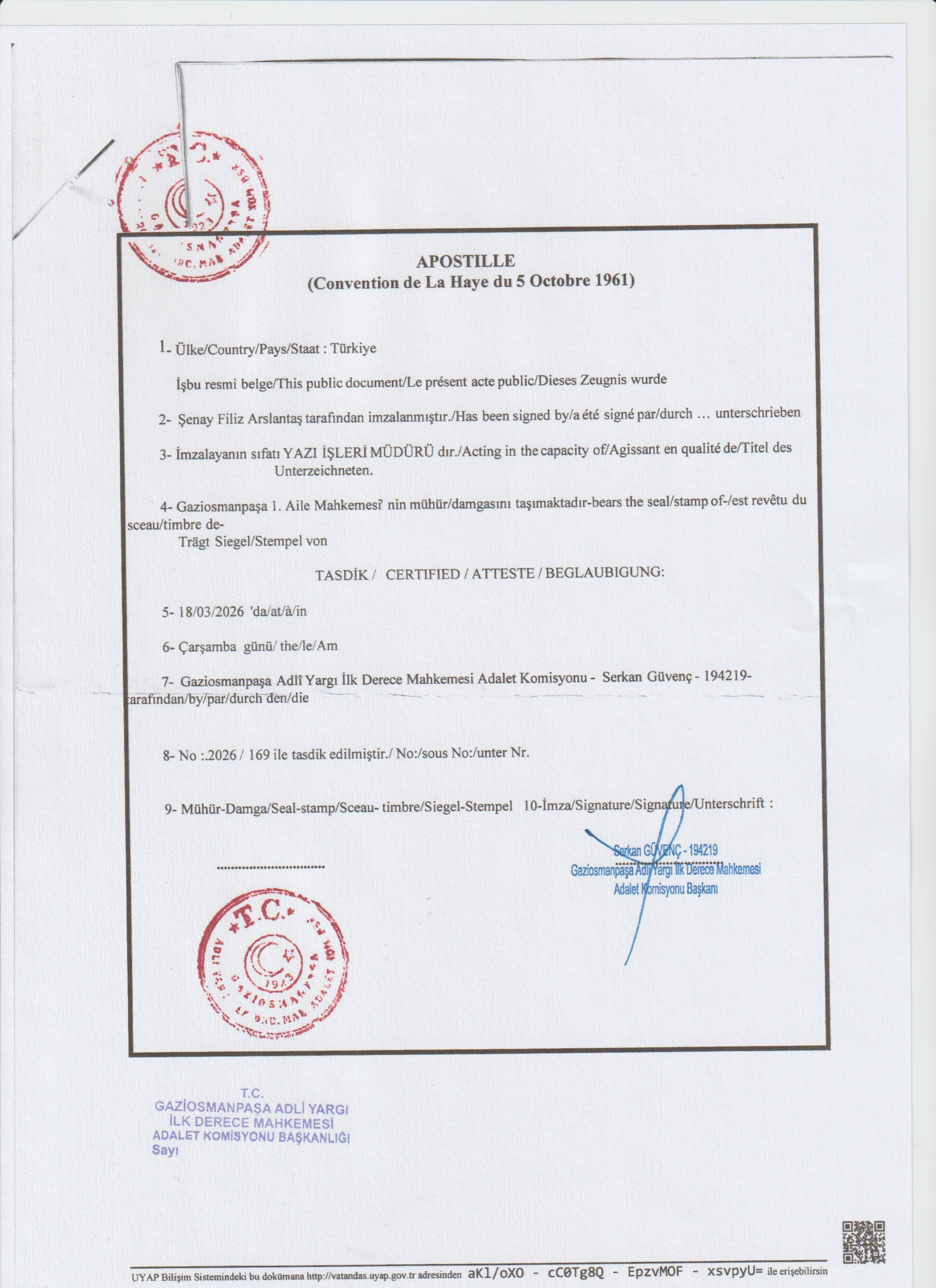 Apostile on court decision in Turkey Apostile on court decision in Turkey