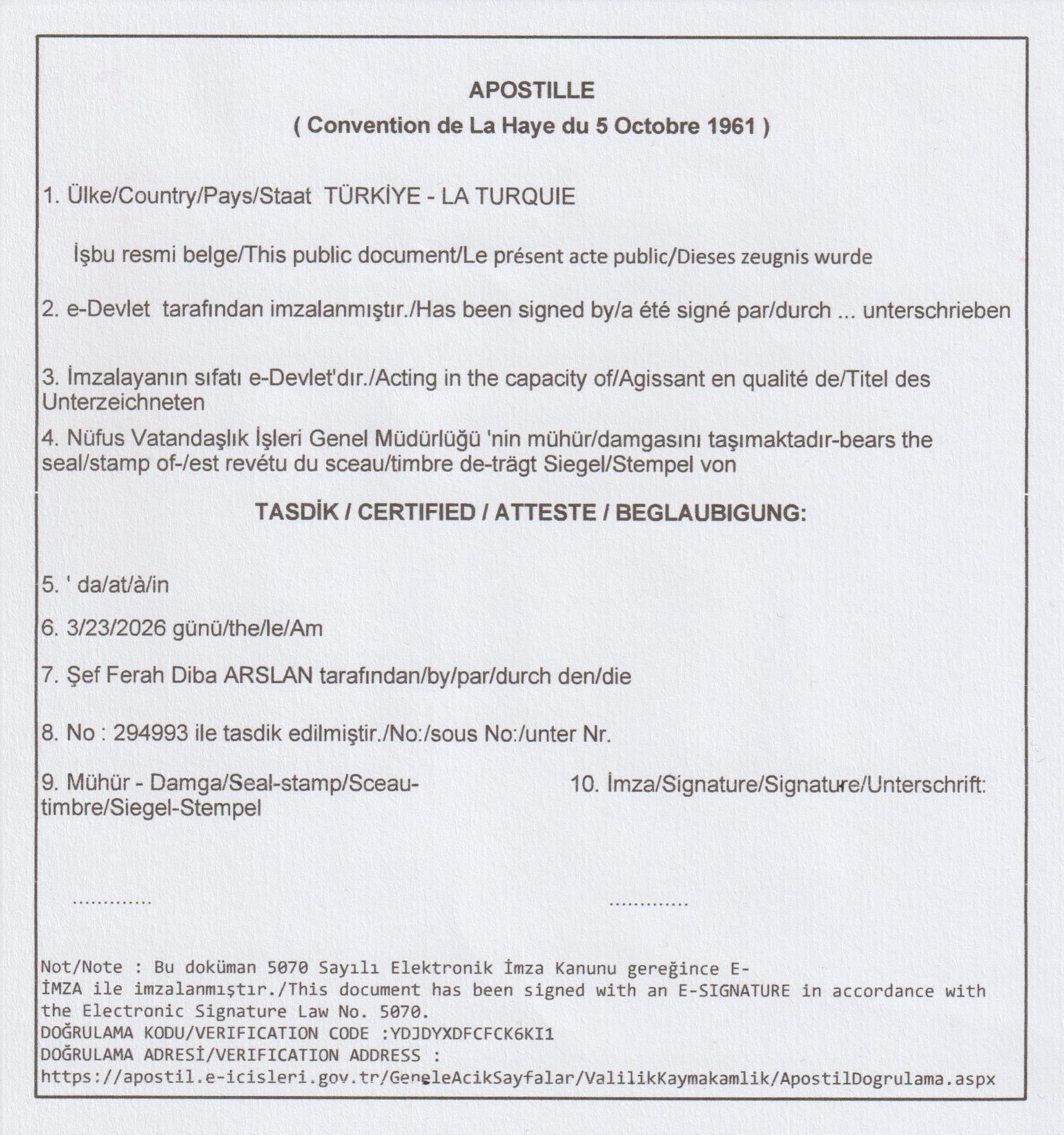 E-devlet documents and Apostille