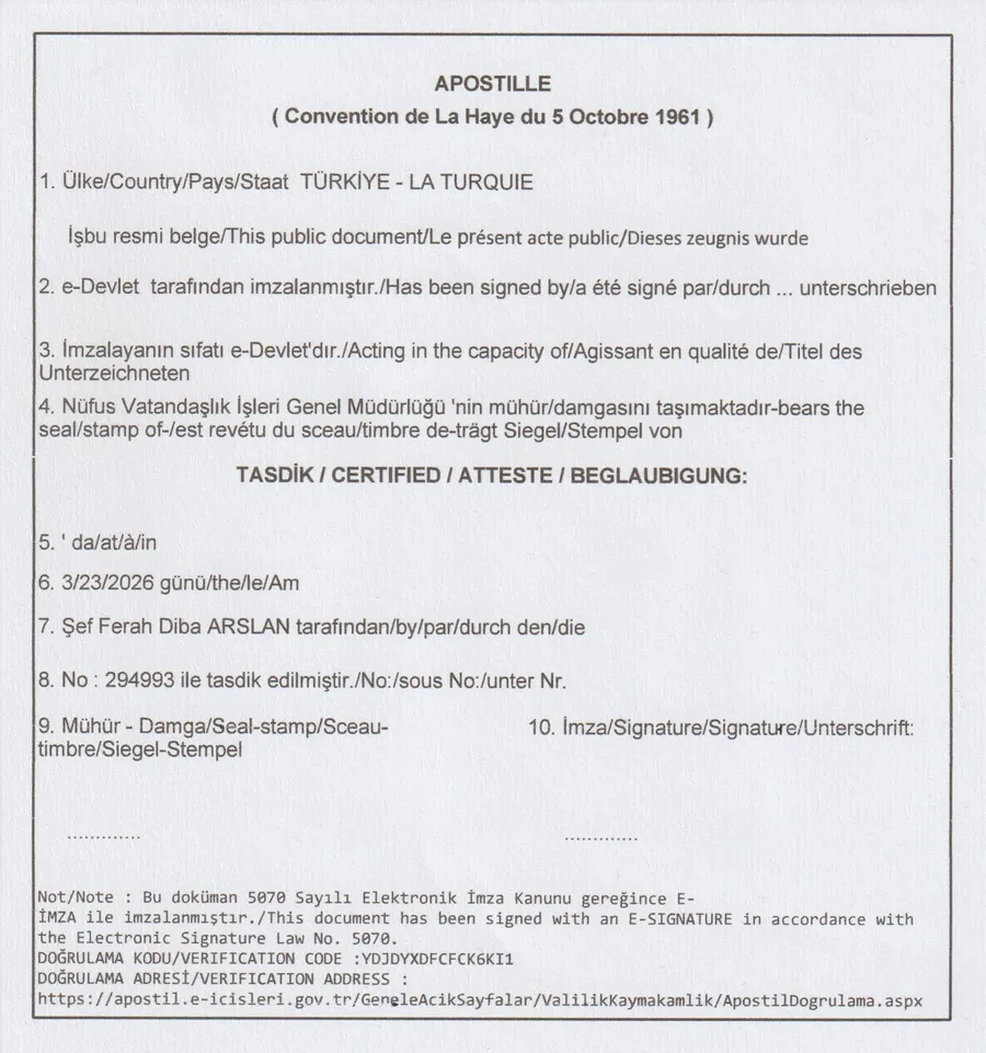 E-devlet documents and Apostille