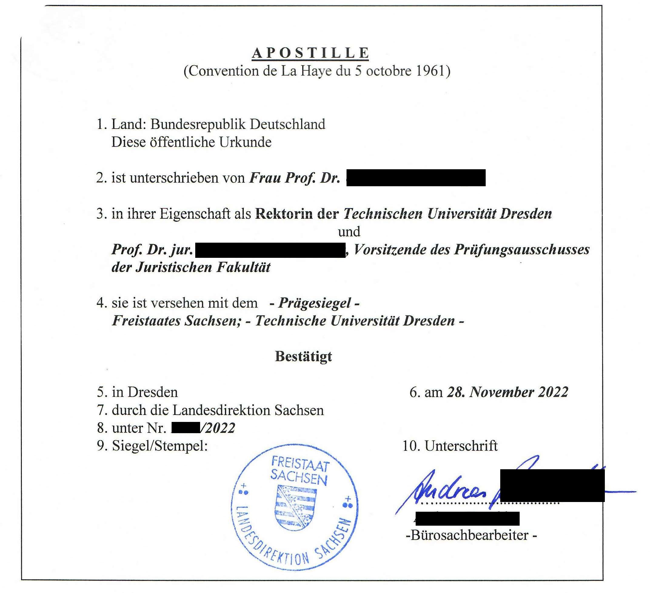 Sample apostille on the degree in Germany
