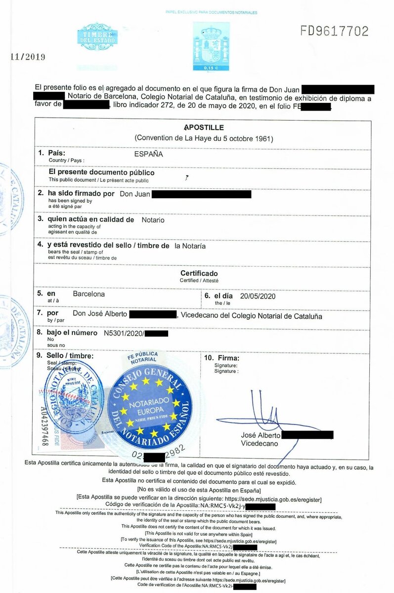 Sample apostille on the degree in Spain