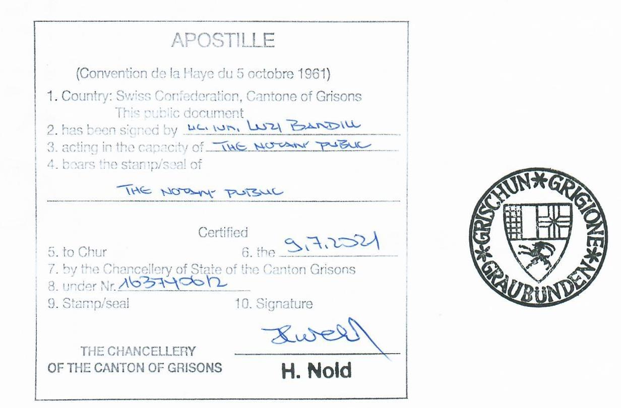 Sample apostille on the diploma in Switzerland