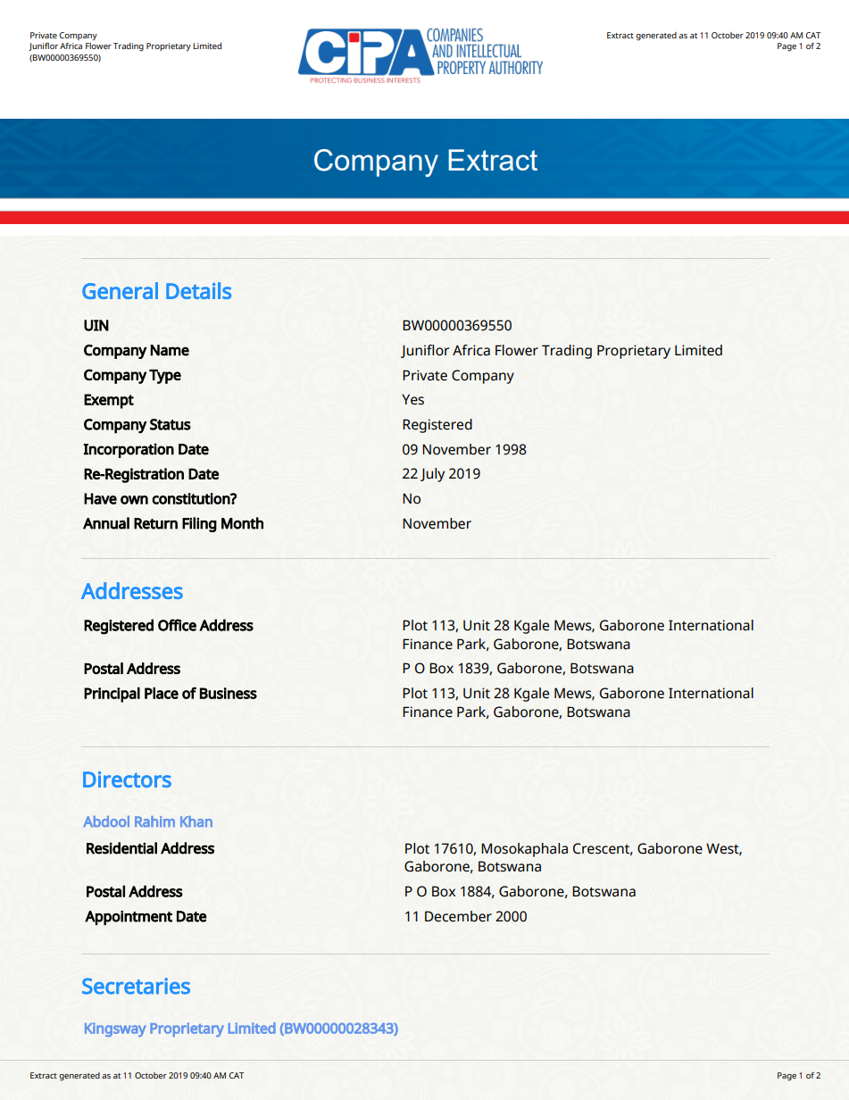  Extracts from commercial register of Botswana