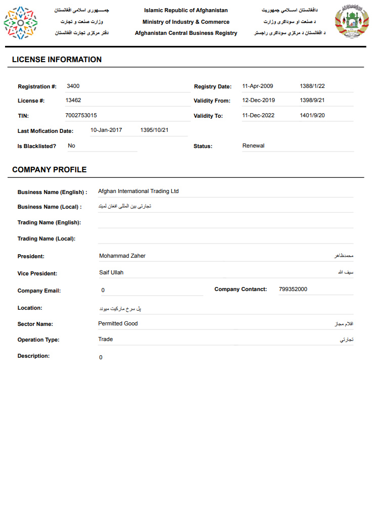 Current extract from the commercial register of Afghanistan