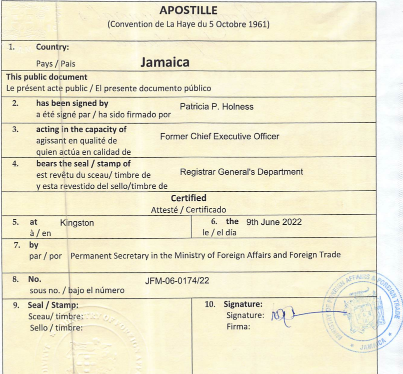 Apostille from Jamaica