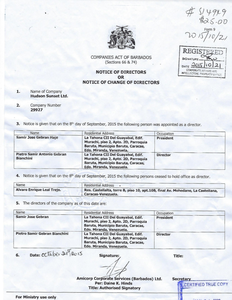 Notice of Directros from Register of Barbados