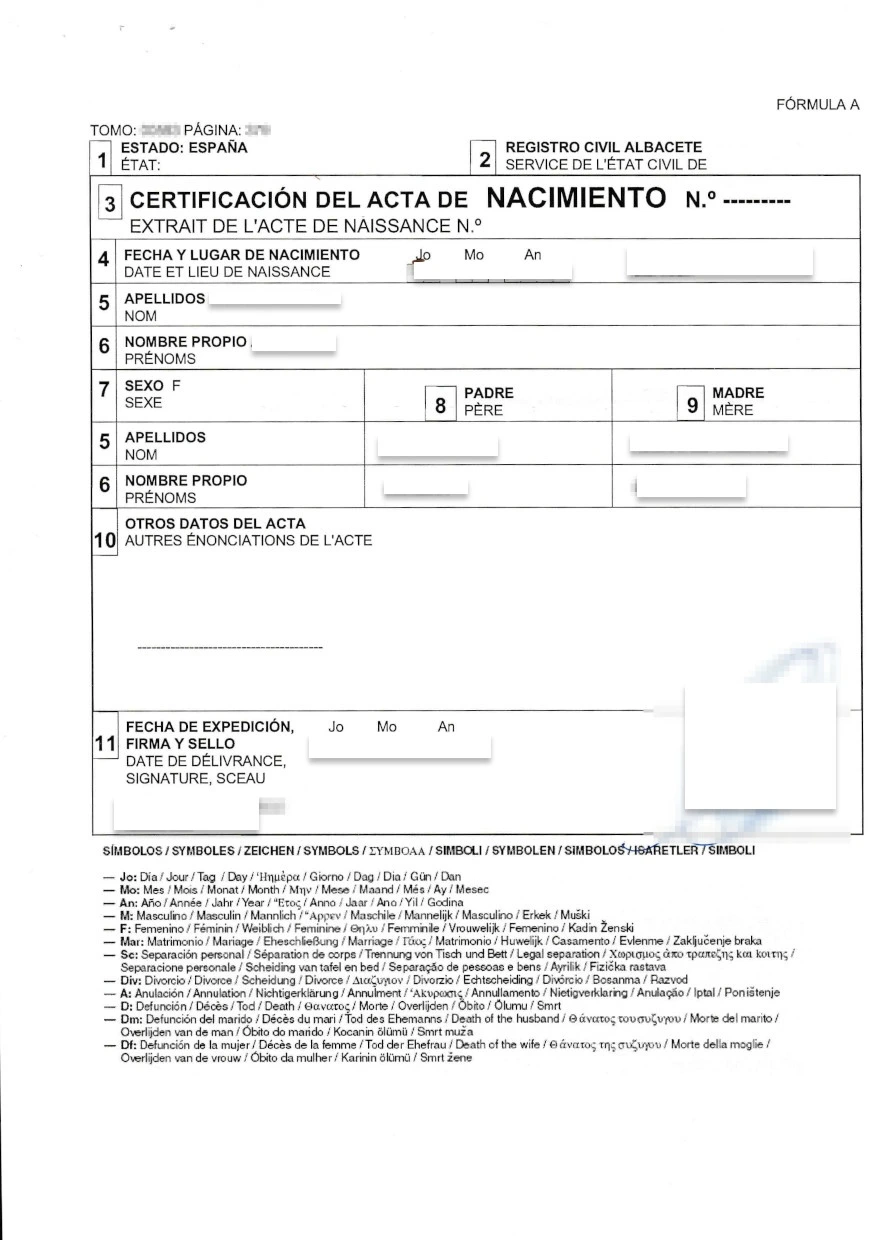 Sample Spanish birth certificate (Certificado de nacimiento)