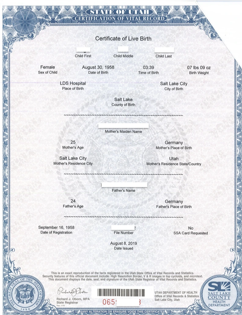 Sample U.S. Birth Certificate