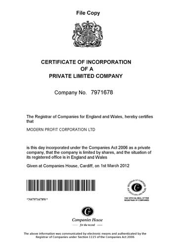 Certificate of Incorporation from commercial register of United Kingdom