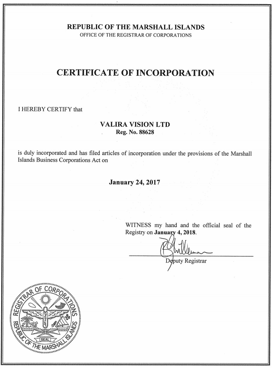 Certificate of Incorporation from the Trade register of Marshall Islands