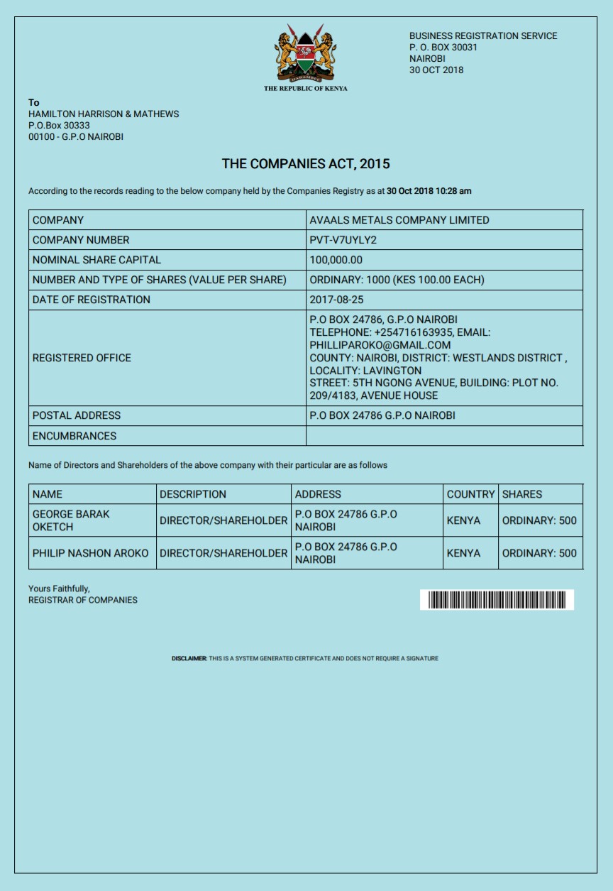 Current extract from the commercial register of Kenya