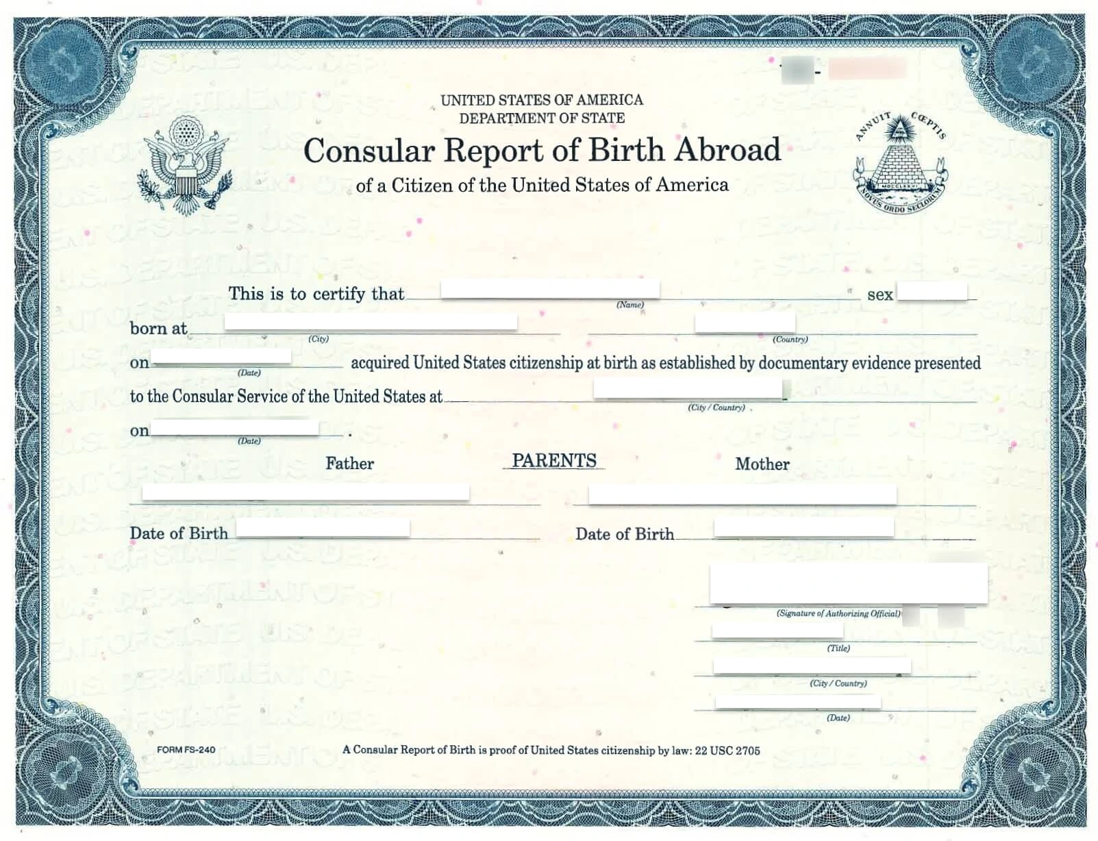 Consular Report of Birth Abroad from the United States