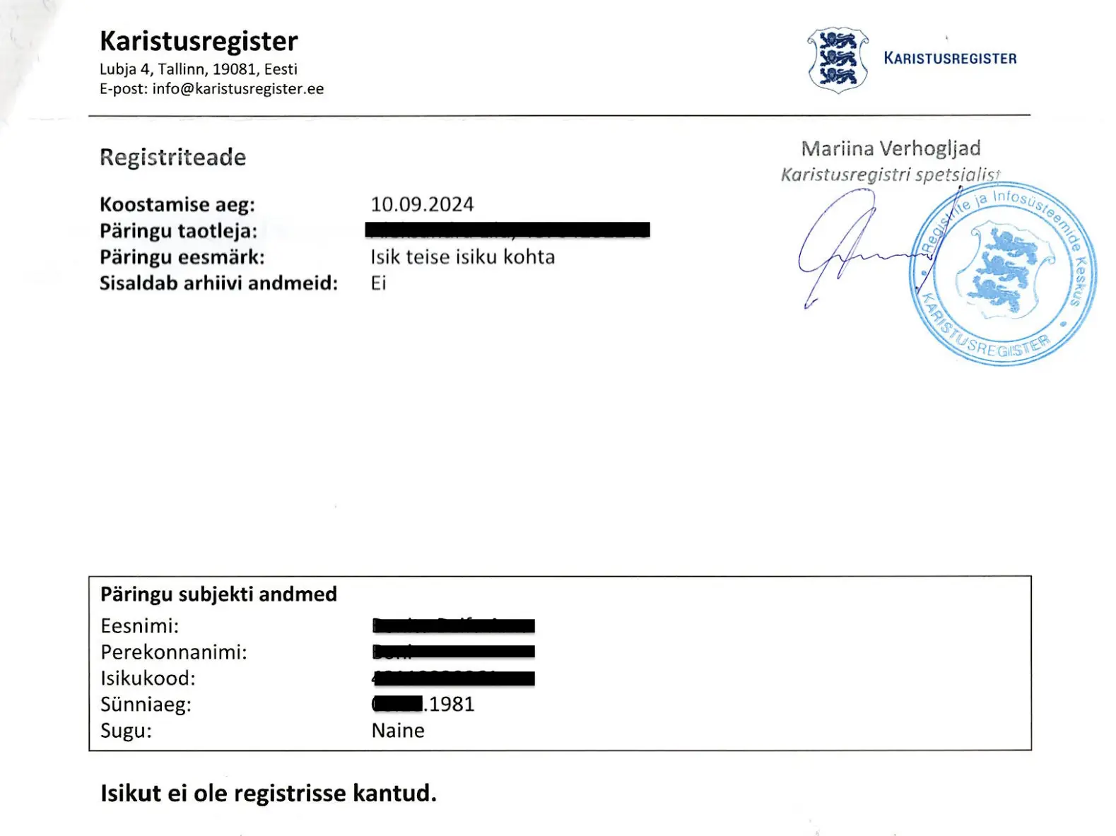 Sample Estonian Criminal Record Certificate