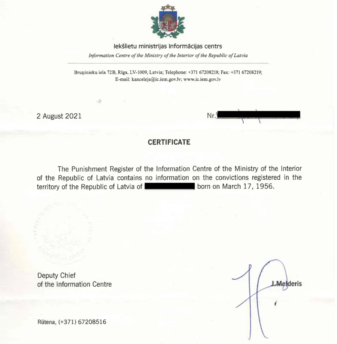 Sample criminal record certificate from Latvia