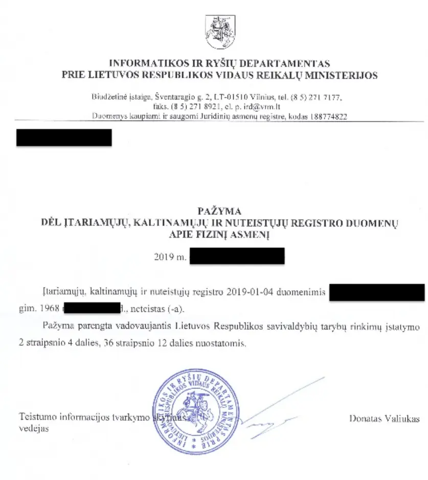 Sample criminal record certificate from Lithuania