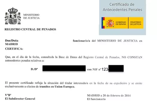 Sample Police Clearance Certificate from Spain