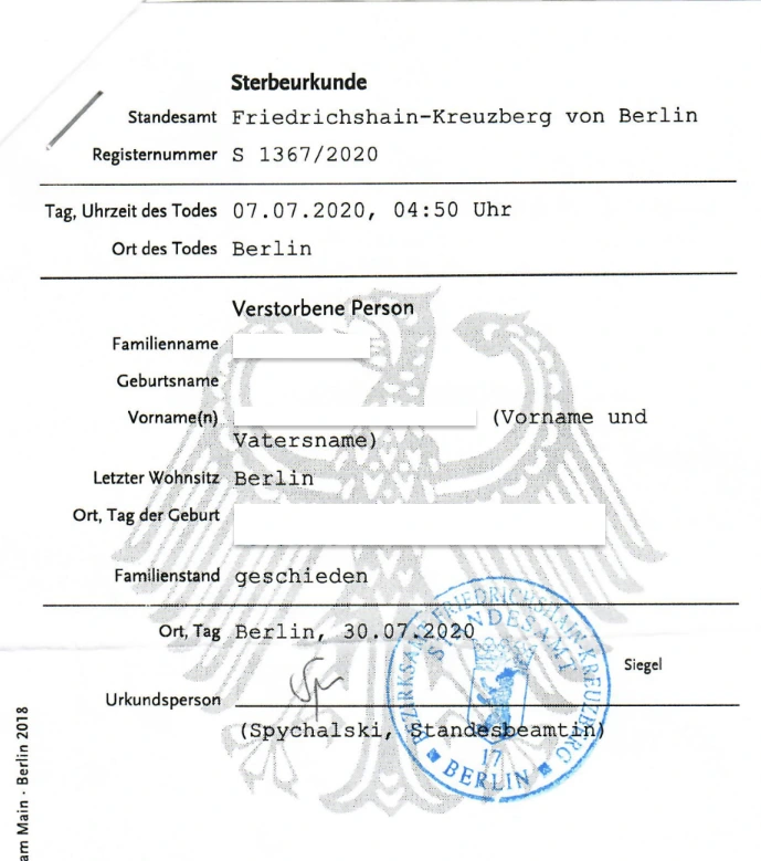 Sample German death certificate (Sterbeurkunde)