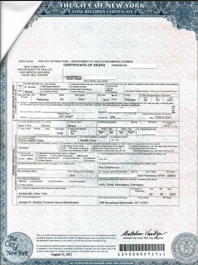 Sample U.S. Death Certificate
