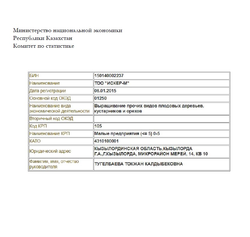 Current extract from commercial register of Kazakhstan