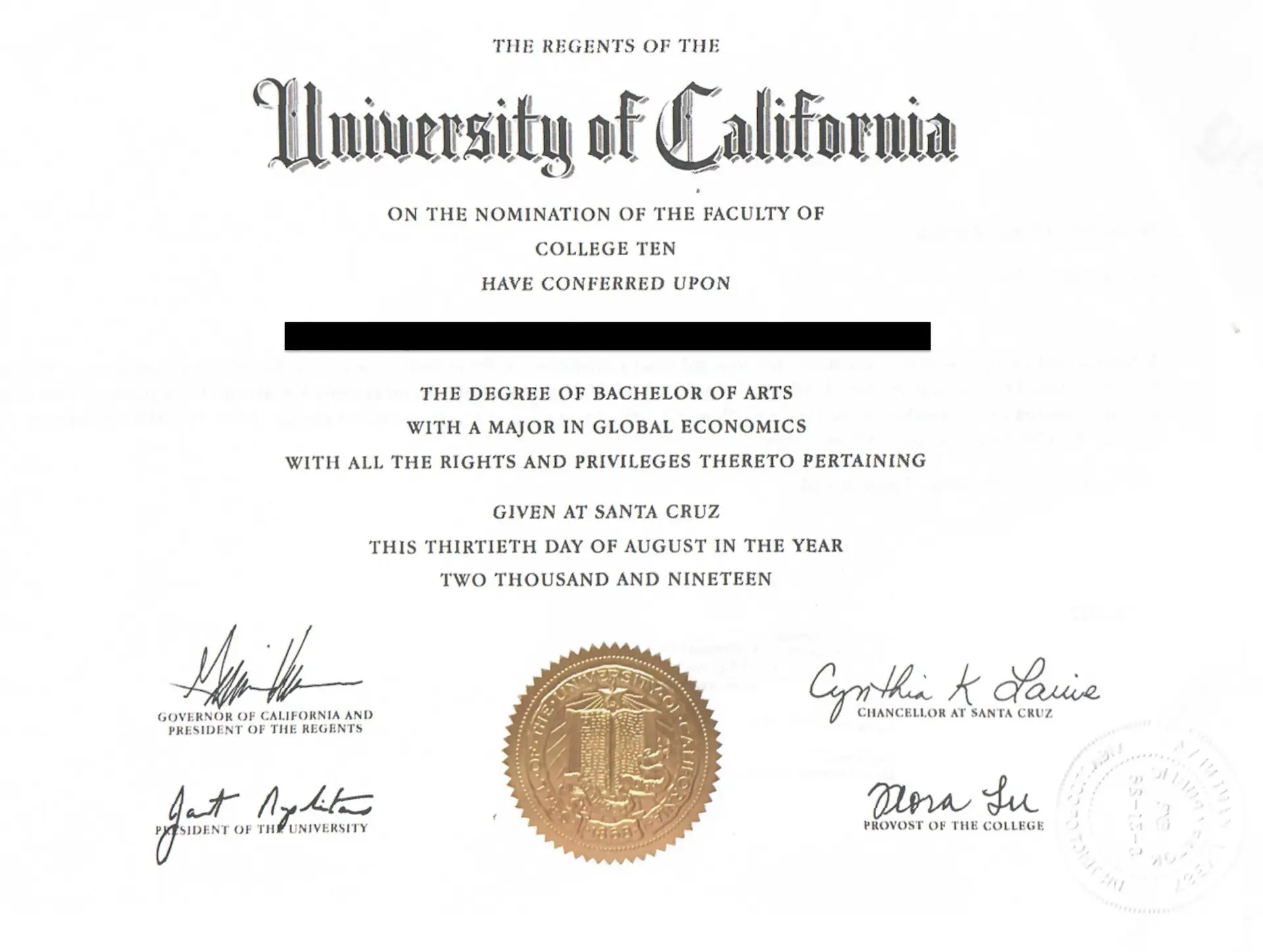 Diploma from the United States of America