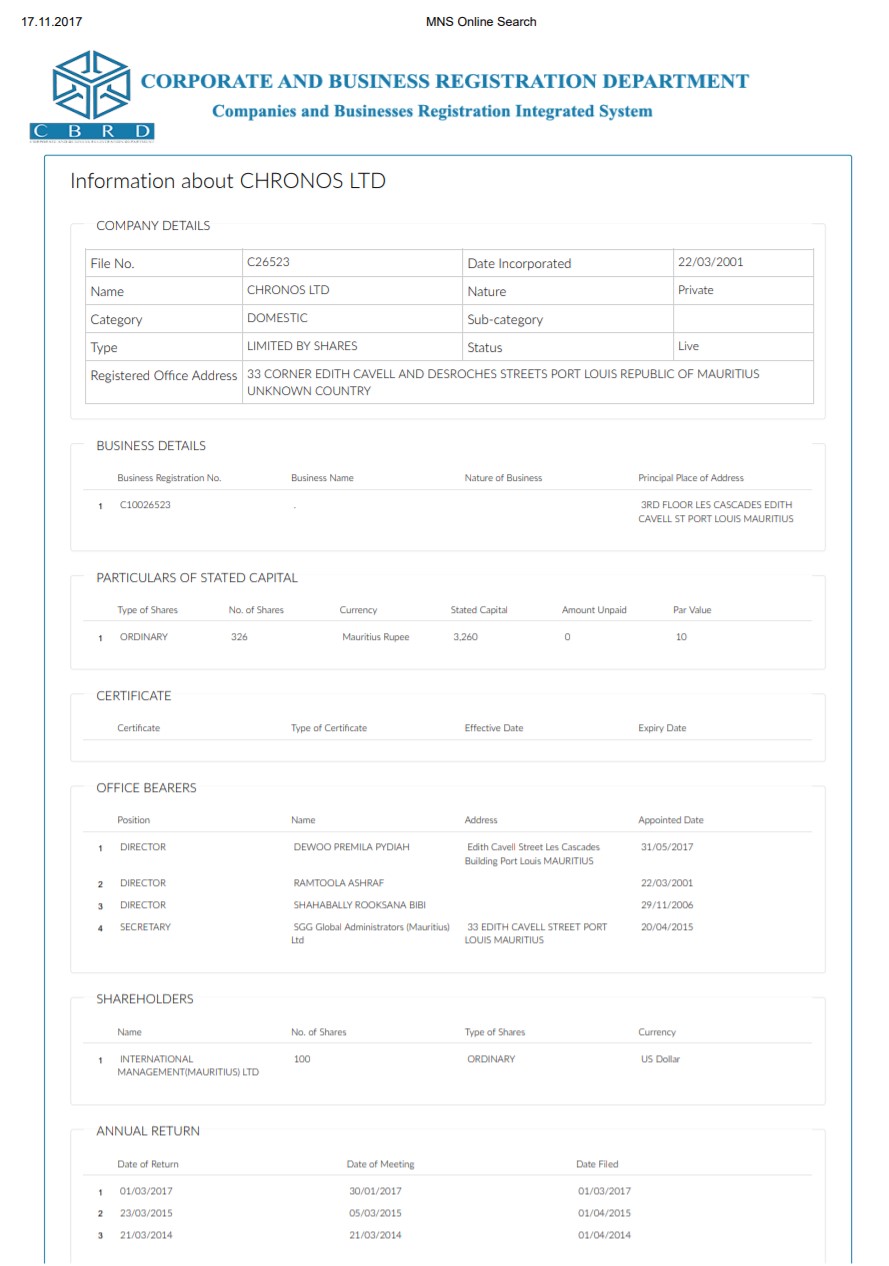 Current extract from the commercial register of Mauritius