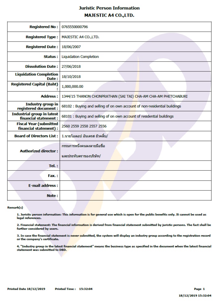 Current extract from the commercial register of Thailand