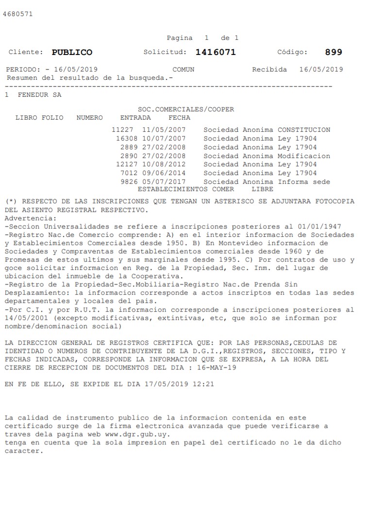 Current extract from the commercial register of Uruguay