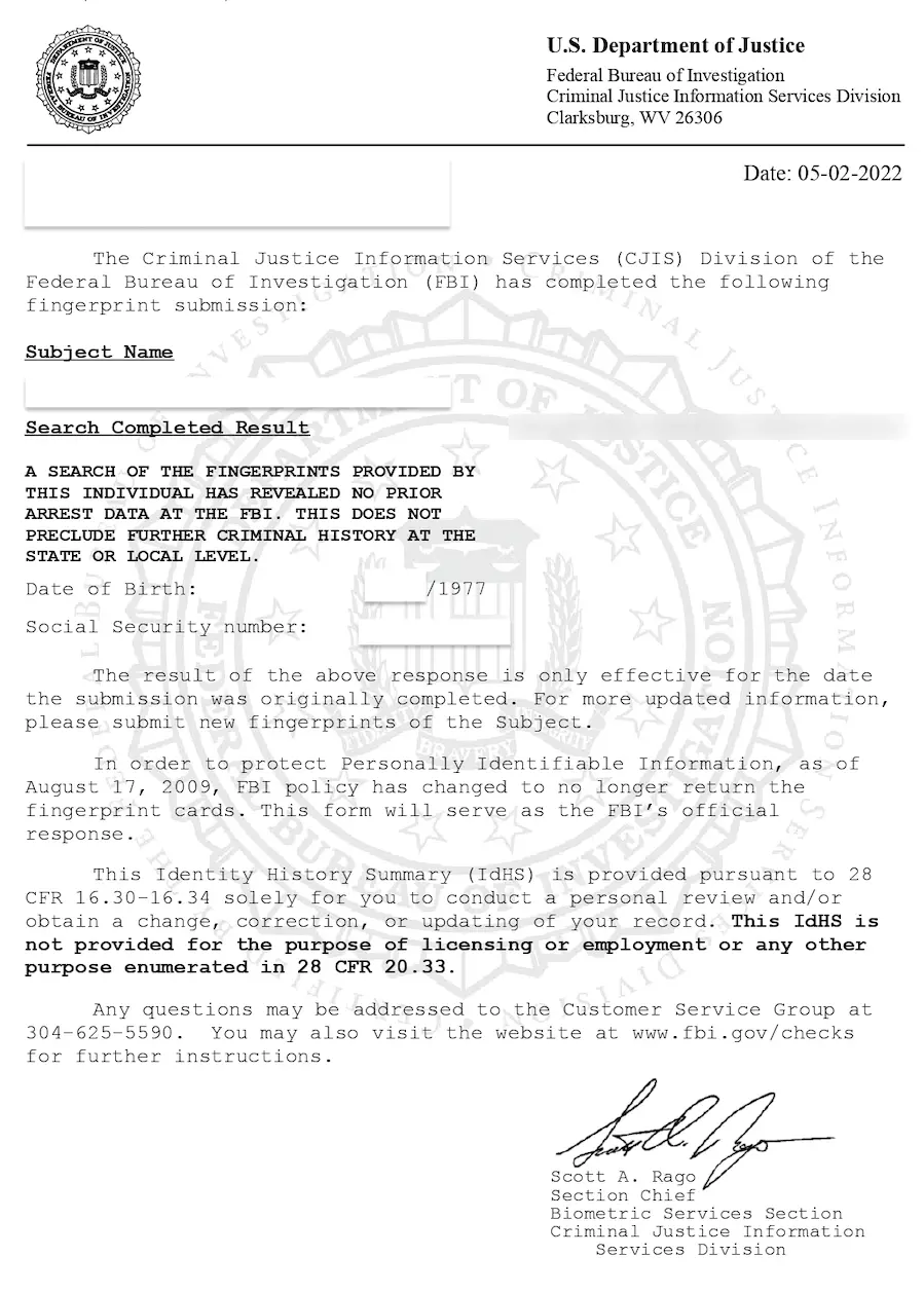 FBI background check from the United States of America