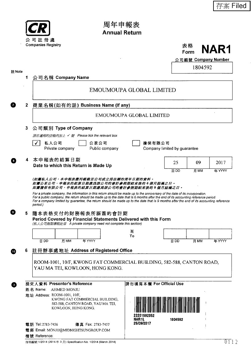 Annual return from commercial register of Hong Kong