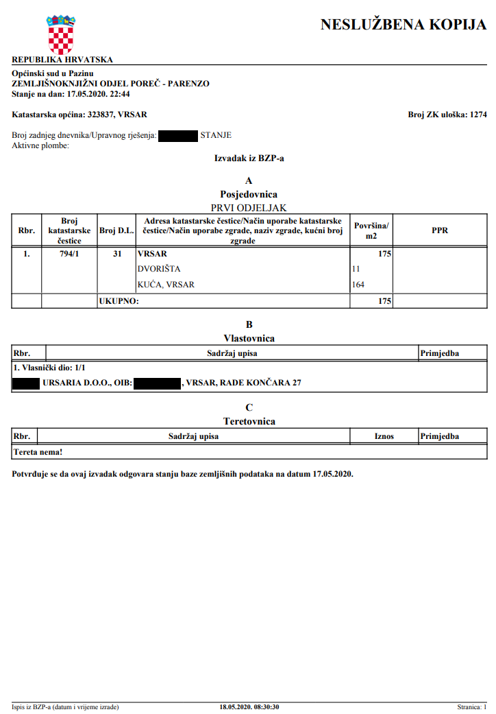 Extract from the land register of Croatia