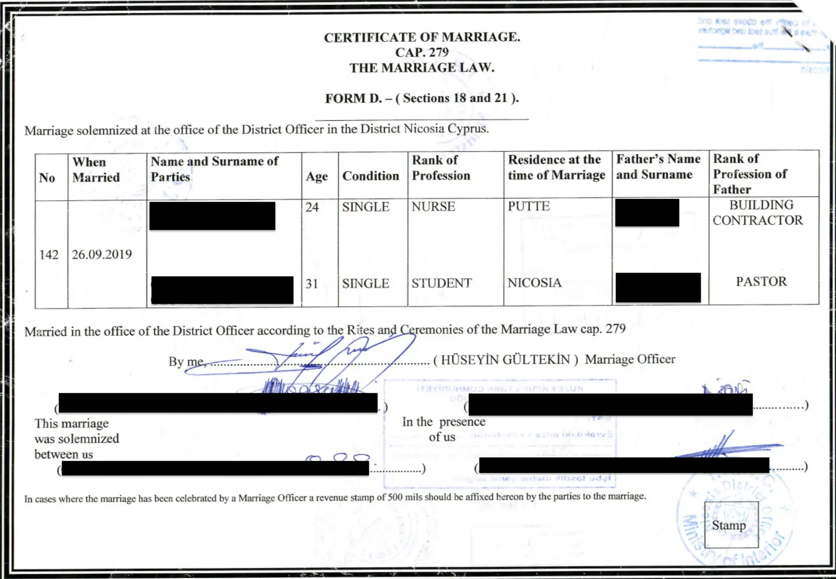 Marriage certificate from Northern Cyprus