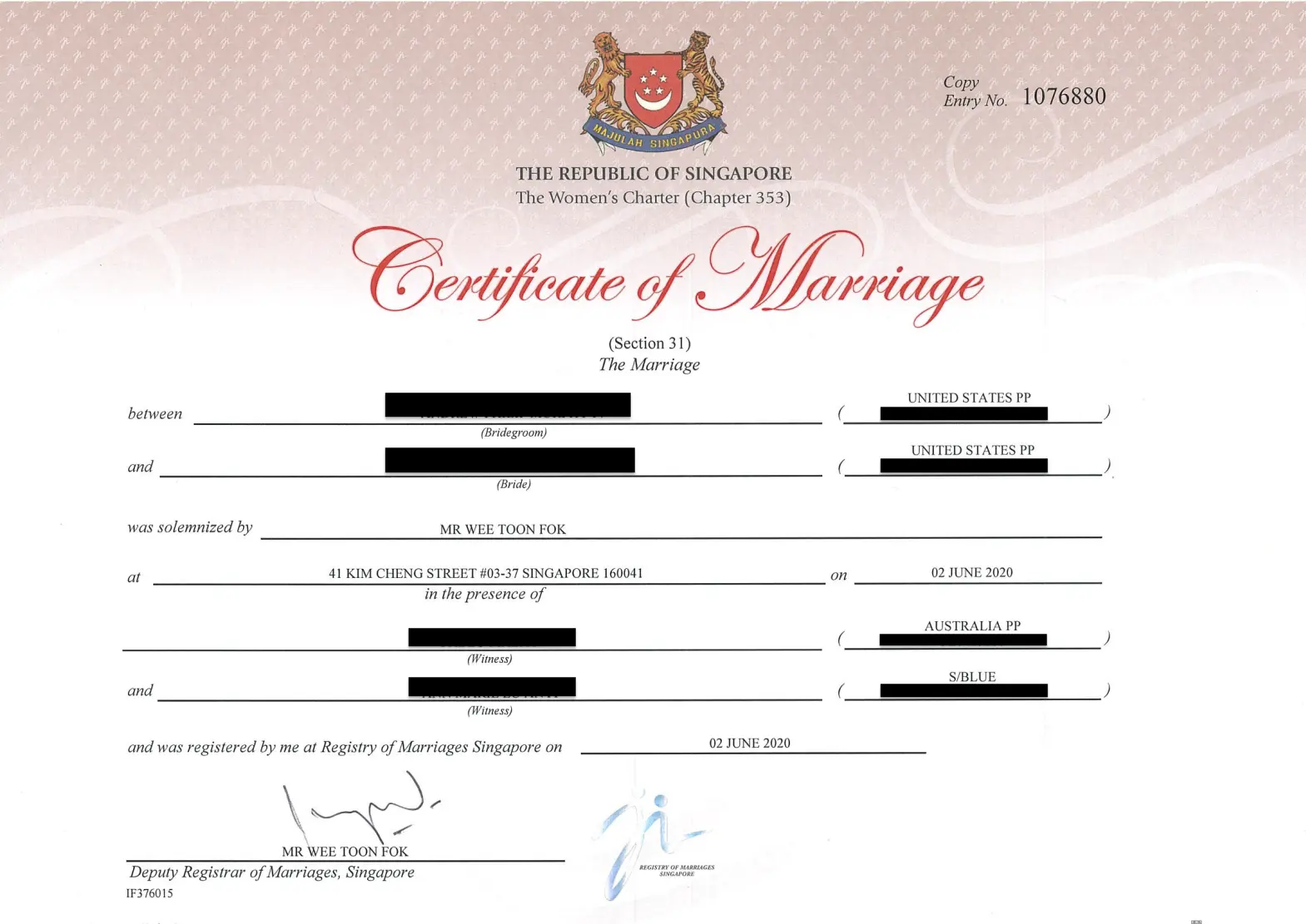 Marriage certificate Singapore