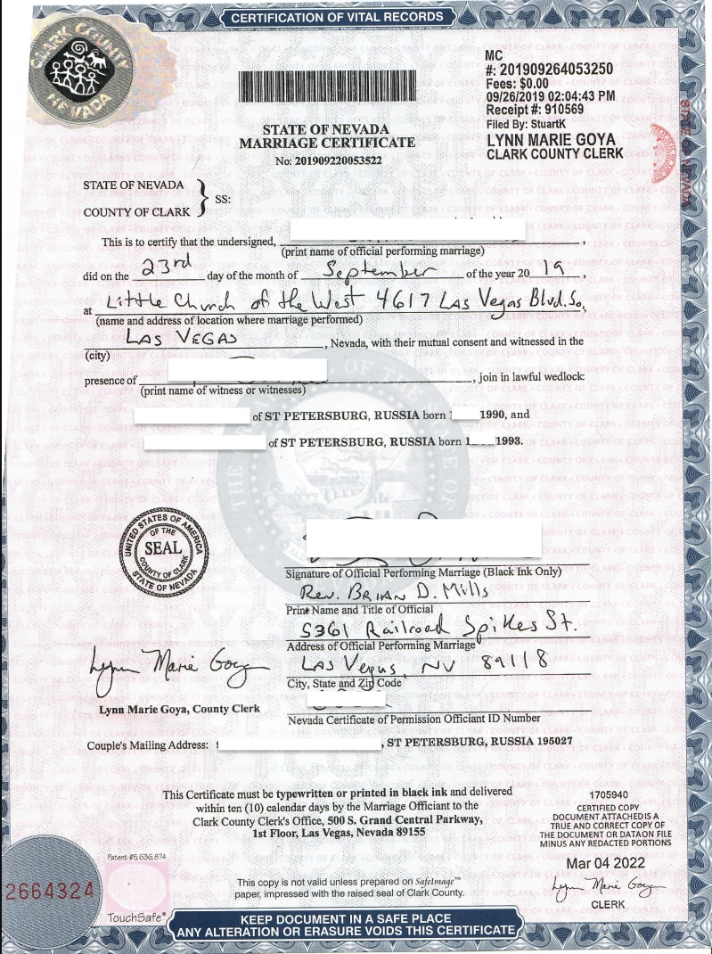 Sample U.S. Marriage Certificate