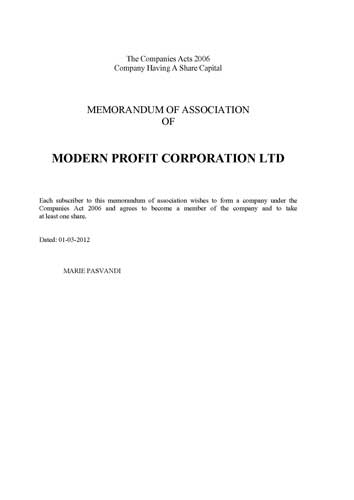 Memorandum of Association from commercial register of United Kingdom
