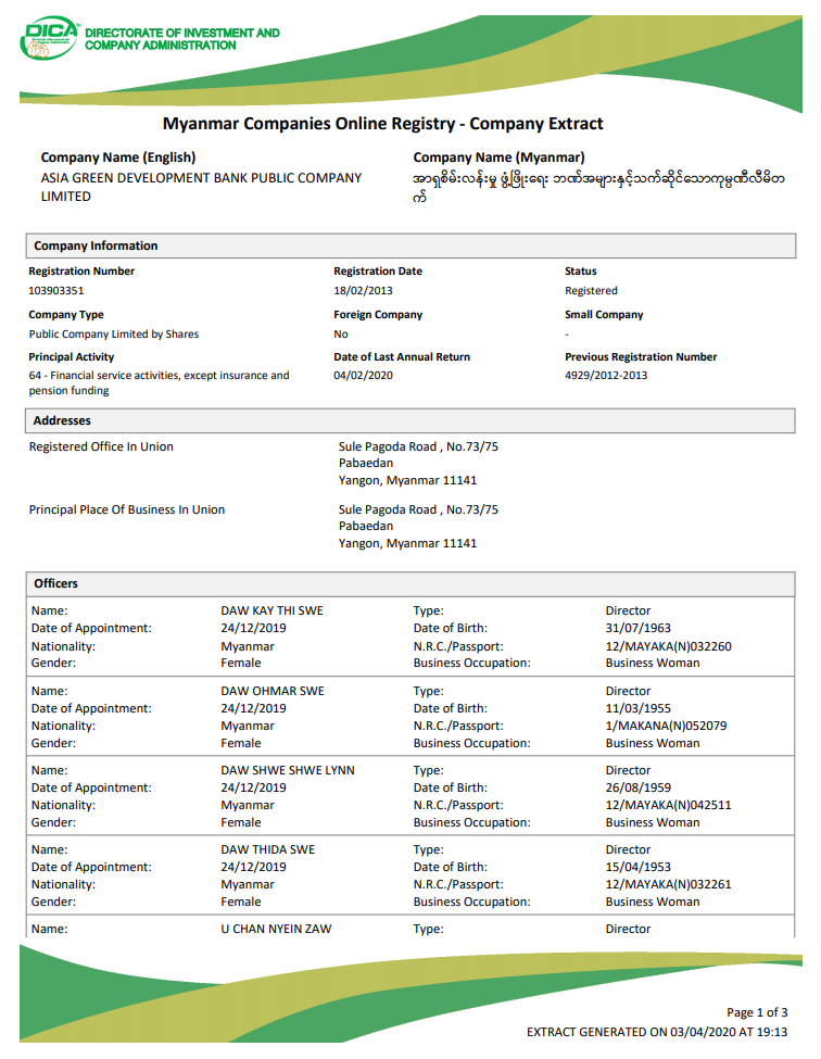  Extracts from commercial register of Myanmar