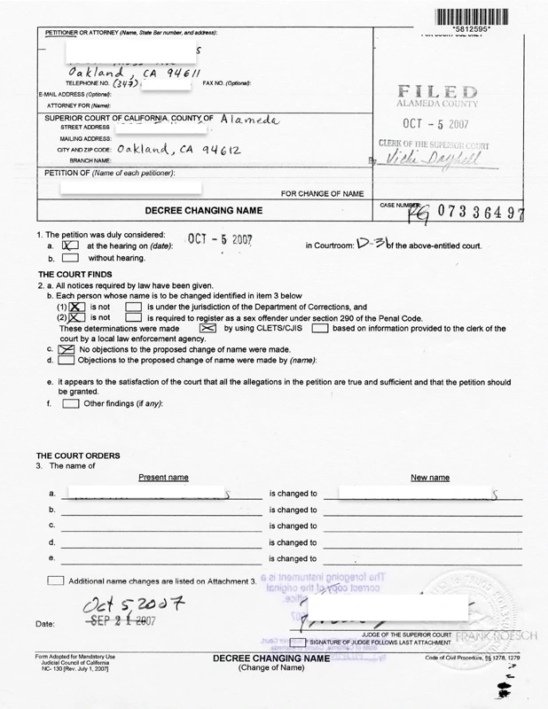 Sample U.S. Court Order for Change of Name