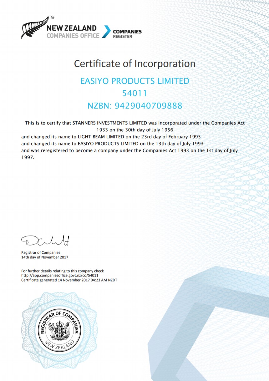 Certificate of Incorporation from the Trade register of New Zealand
