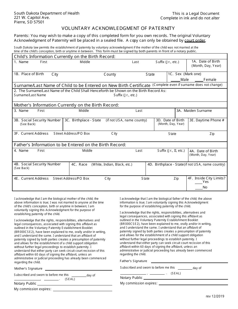 Sample U.S. Paternity Document
