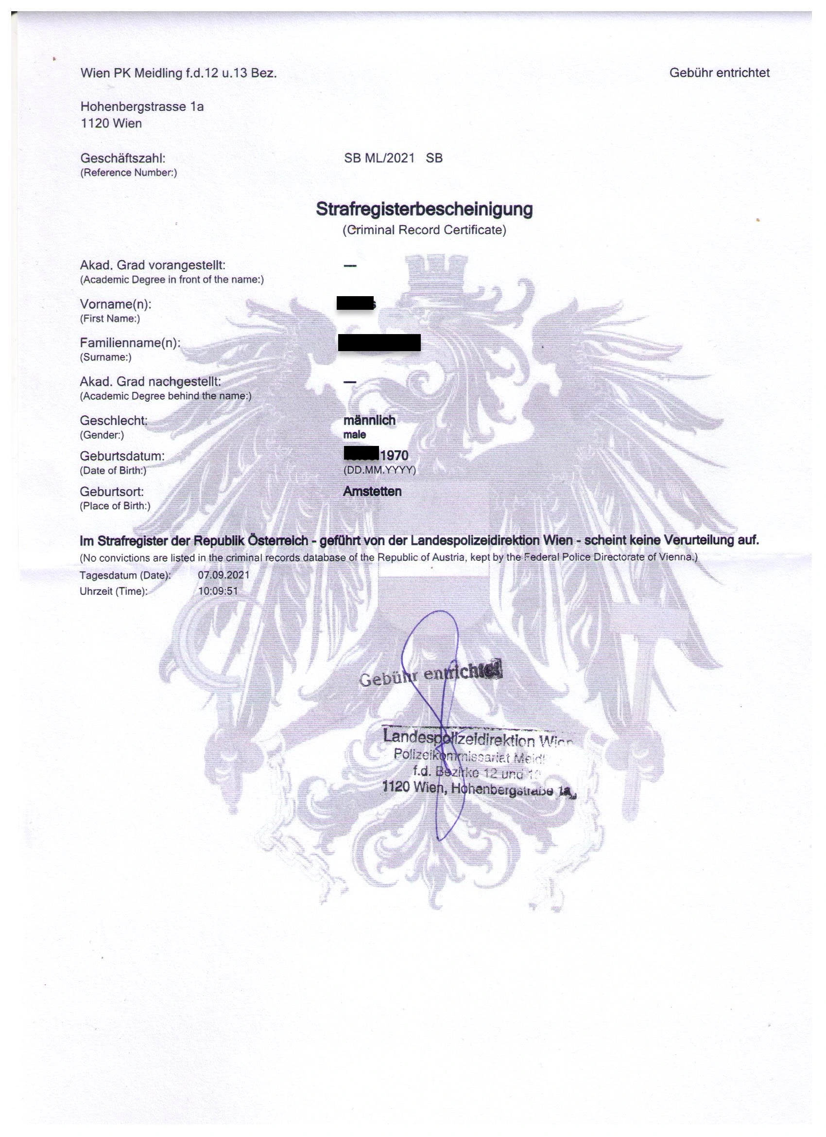 Criminal record certificate in Austria Austrian criminal record certificate (Strafregisterbescheinigung)
