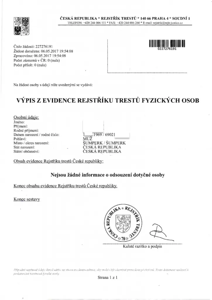 Certificate of no criminal record in the Czech Republic Certificate of no criminal record in the Czech Republic