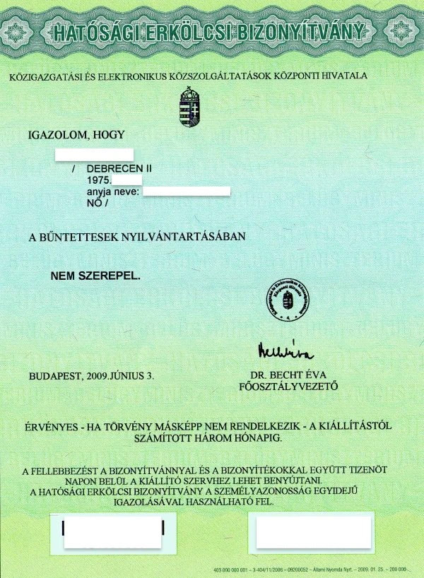Hungarian criminal record certificate (Hatósági erkölcsi bizonyítvány)