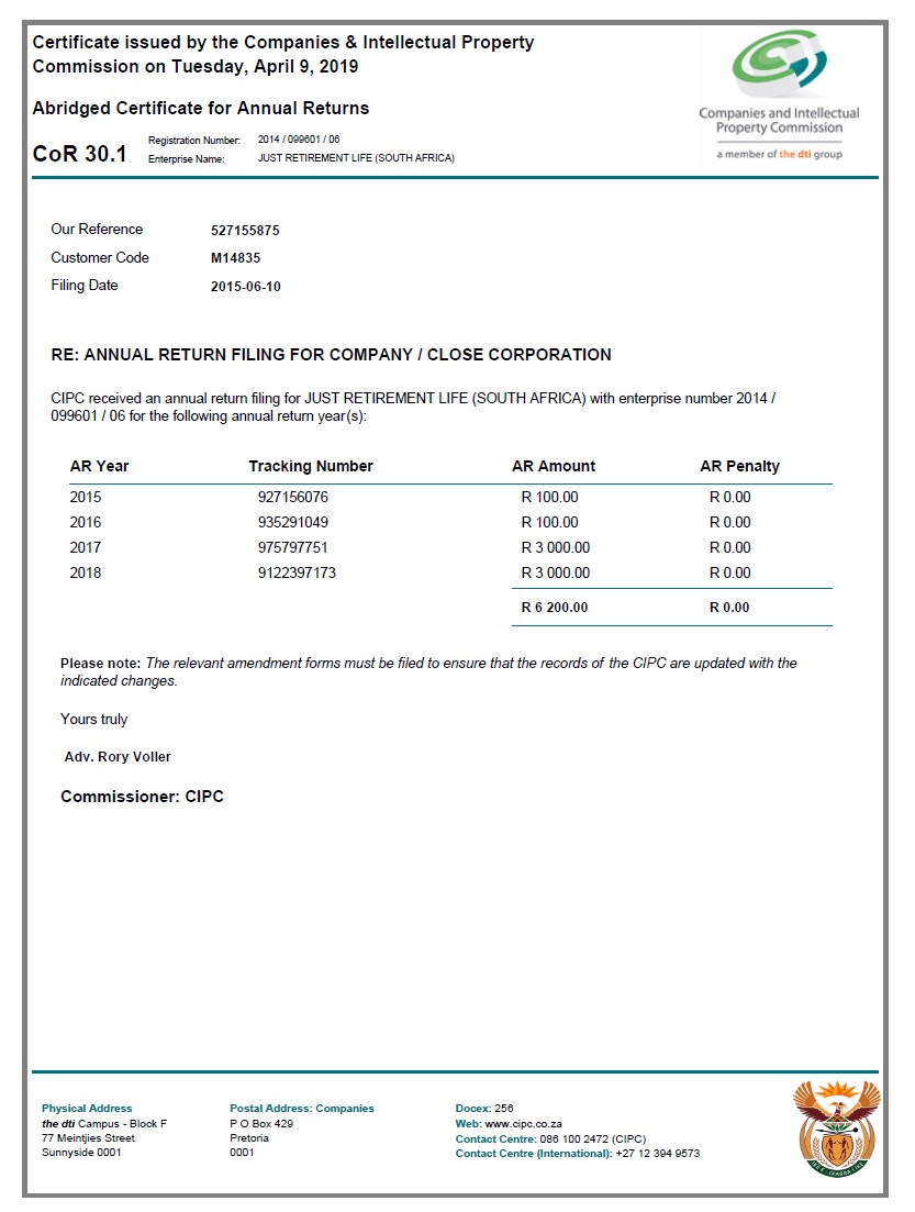 Annual Returns from the Trade register of South Africa