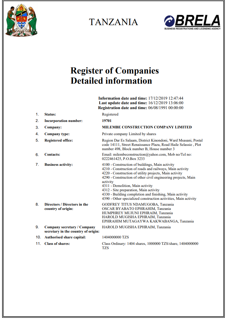  Extracts from commercial register of Tanzania