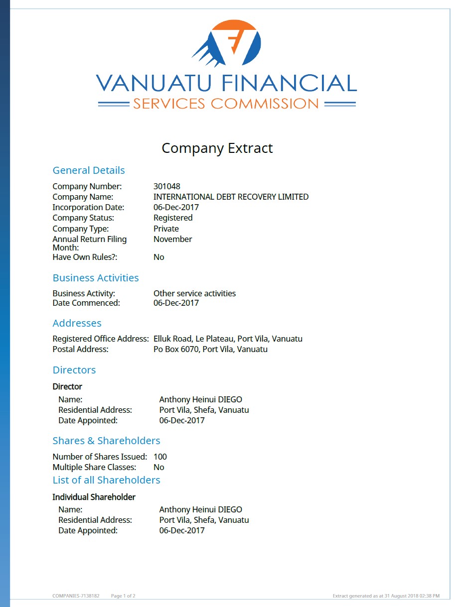 Extracts from commercial register of Vanuatu Schmidt & Schmidt