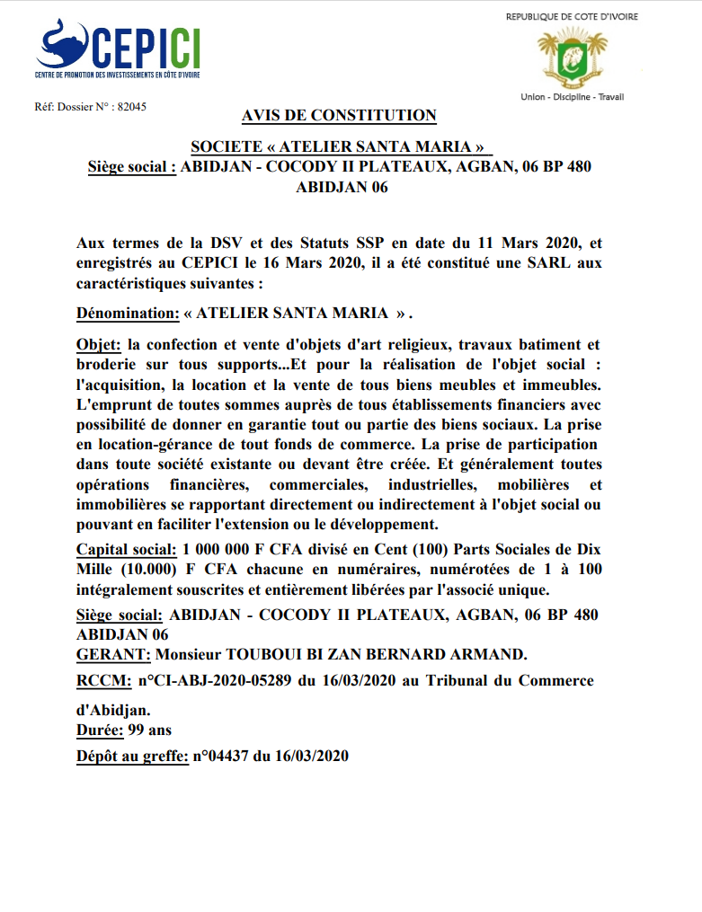  Extracts from commercial register of Côte d'Ivoire