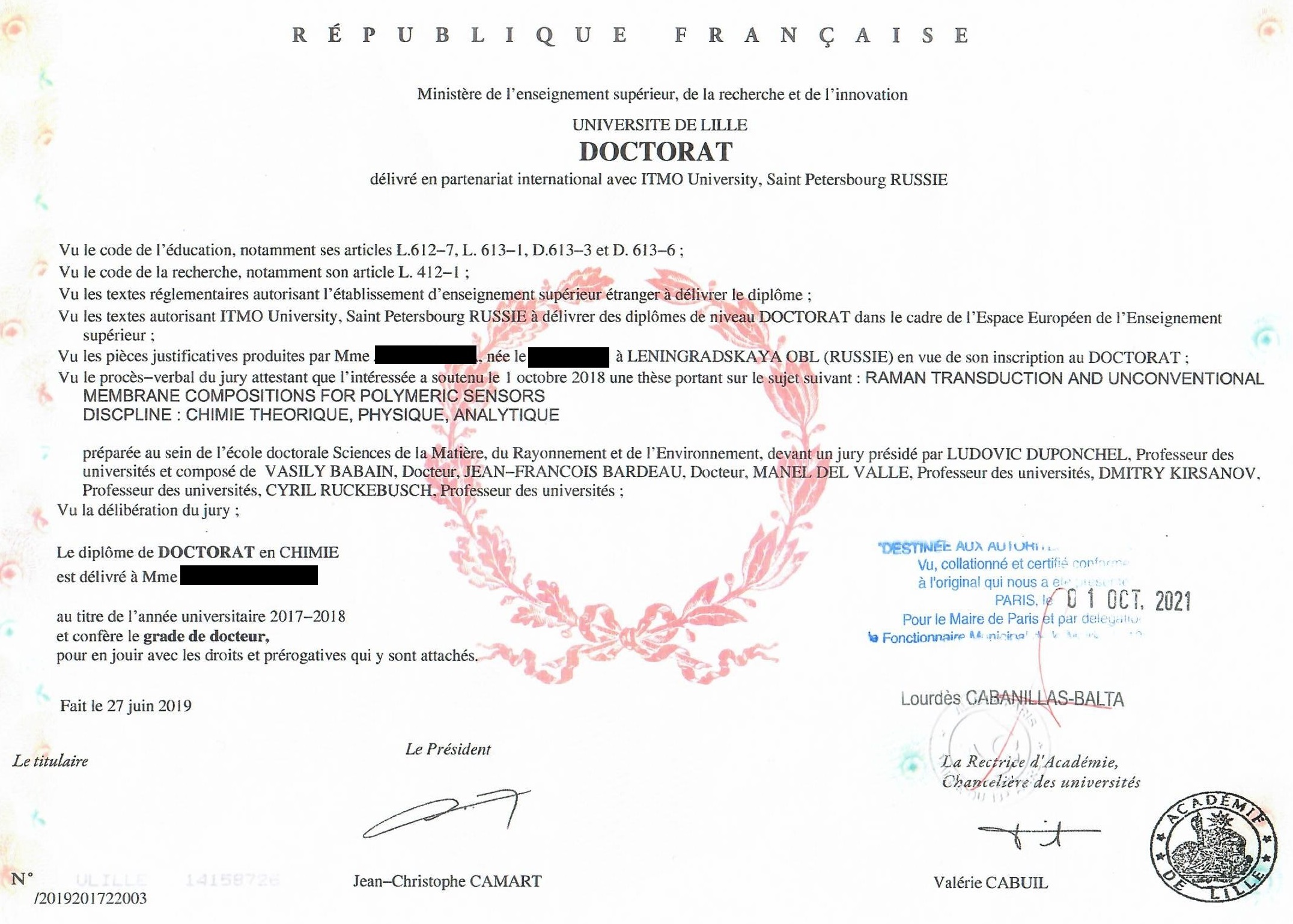 Sample diploma from France