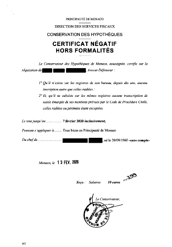 Certificate of absence of real estate