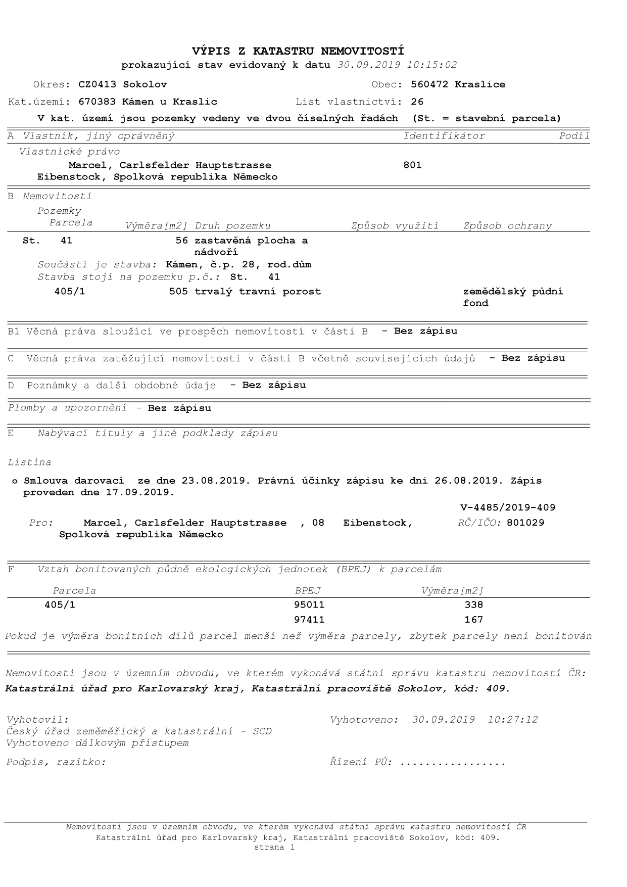 Extract from the land register of Czech Republic