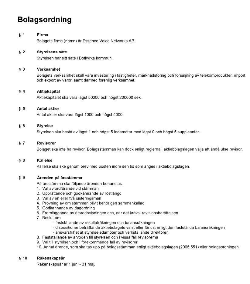 Charter documents from commercial register of Sweden